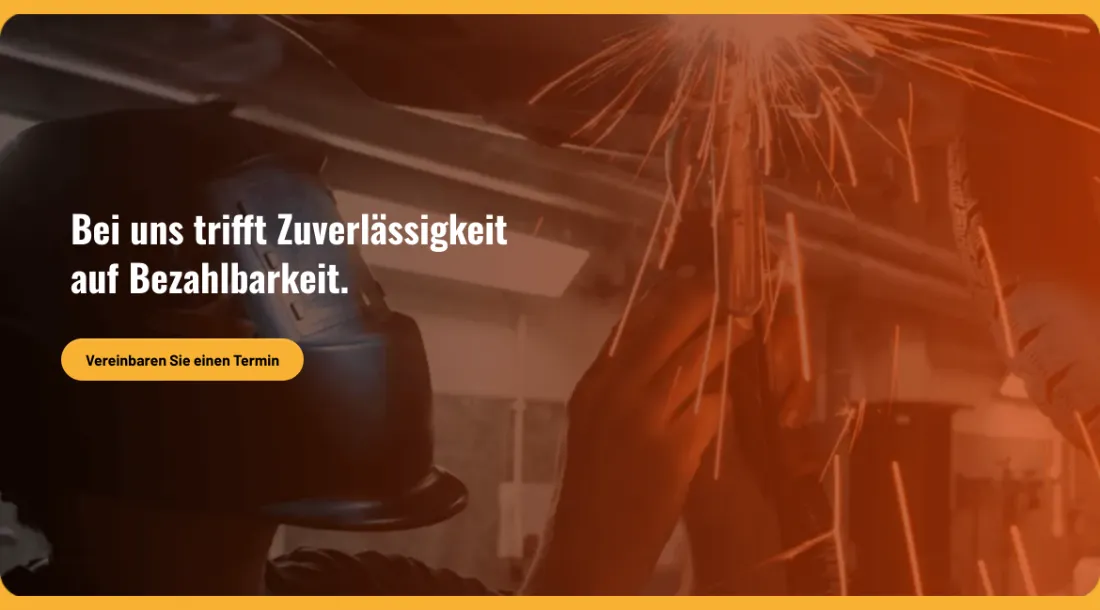 Ausschnitt der Website von Mike`s Auto Werkstatt JL, Freiburg im Breisgau: Klarer Claim und ein auffälliger Termin-Button oben auf der Seite — wer sucht, kann ohne Scrollen sofort einen Termin starten.