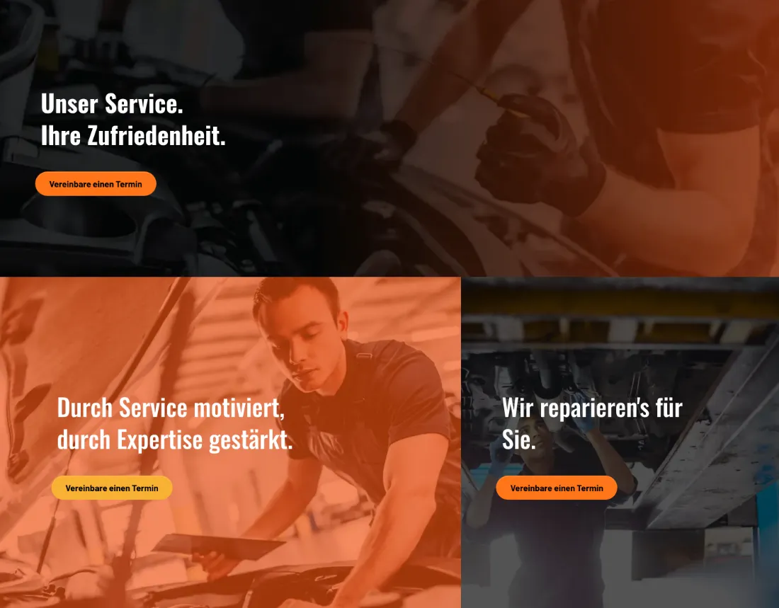 Ausschnitt der Website von Mike`s Auto Werkstatt JL, Freiburg im Breisgau: Drei Kacheln wiederholen denselben Handlungsaufruf — der Besucher muss nicht suchen, was als Nächstes zu tun ist.