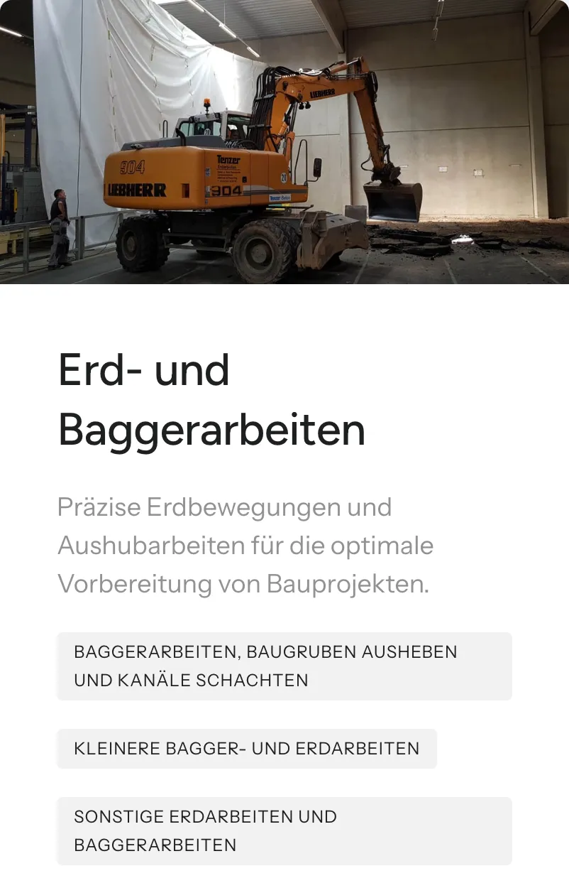 Ausschnitt der Website von JM Bauunternehmung GmbH, Aachen: Drei klar benannte Unterpunkte strukturieren das Angebot — der Besucher findet die passende Erd- oder Baggerleistung ohne Umwege.