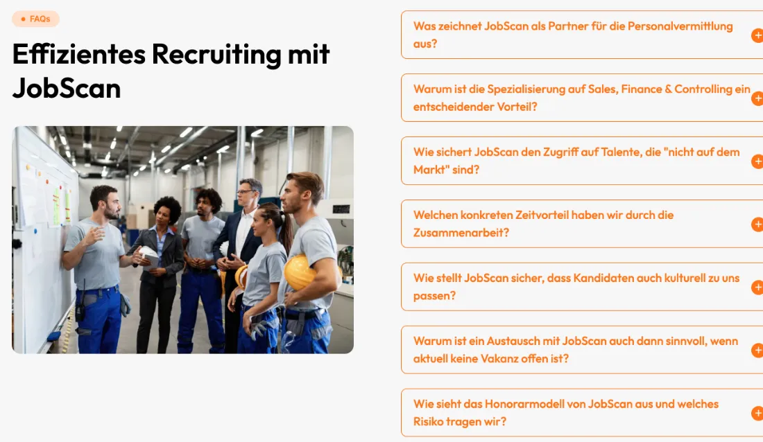Ausschnitt der Website von Job Scan UG (haftungsbeschränkt), Bremen: Sieben präzise FAQs mit aufklappbaren Antworten — der Besucher klärt Einwände vorab und spart Rückfragen.