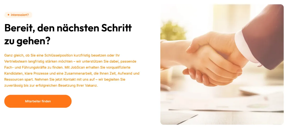 Ausschnitt der Website von Job Scan UG (haftungsbeschränkt), Bremen: Ein klar benannter Button 'Mitarbeiter finden' — der Besucher erkennt den nächsten Schritt ohne Nachdenken.