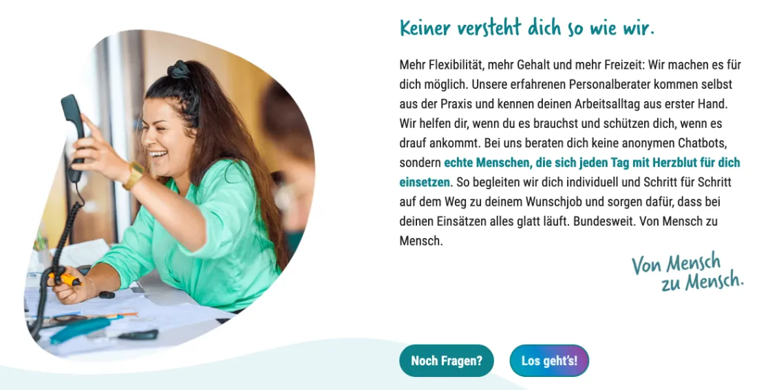 Ausschnitt der Website von jobs in time medical GmbH, Berlin: Klare Aussagen wie 'keine Chatbots' und 'bundesweit' plus zwei Buttons — der Besucher versteht den Ablauf und startet leichter.