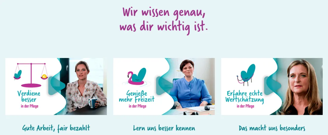 Ausschnitt der Website von jobs in time medical GmbH, Berlin: Drei Kacheln zu Gehalt, Freizeit und Wertschätzung — so findet der Besucher schnell das Thema, das gerade wichtig ist.