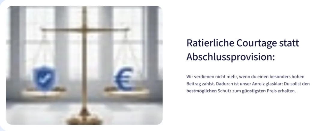 Ausschnitt der Website von Sven Jobusch, Rhein-Sieg-Kreis: Vergütung transparent: ratierlich statt Abschlussprovision, kein Mehrverdienst bei hohem Beitrag — der Besucher erkennt den Anreiz.