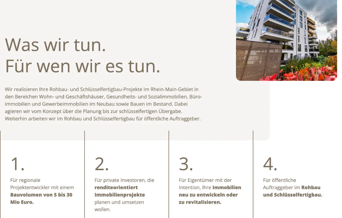 Ausschnitt der Website von JÖST Bauunternehmen GmbH, Frankfurt am Main: Vier klar benannte Zielgruppen plus Bauvolumen 5–30 Mio. Euro — wer passt, erkennt es sofort und spart Rückfragen.