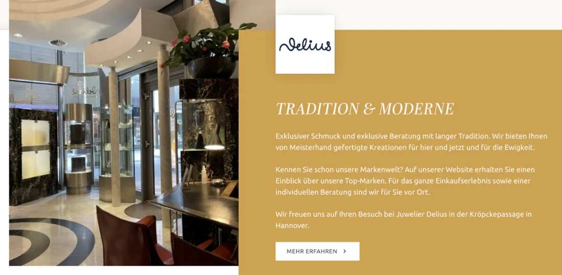 Ausschnitt der Website von Juwelier Curt Delius OHG, Hannover: Standortangabe Hannover plus Ladenfoto und CTA ‚Mehr erfahren‘ — der Besucher ordnet das Angebot ein und weiß, wo es hingeht.