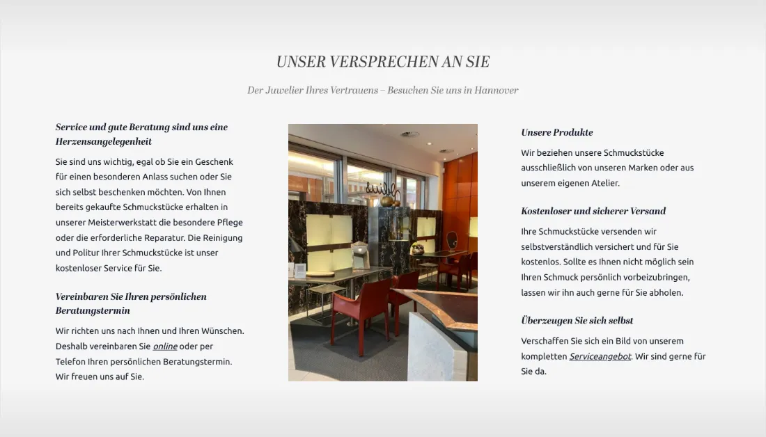 Ausschnitt der Website von Juwelier Curt Delius OHG, Hannover: Konkrete Zusagen: kostenlose Reinigung und Politur, versicherter Gratisversand, Termin online — der Besucher weiß, womit er rechnen kann.
