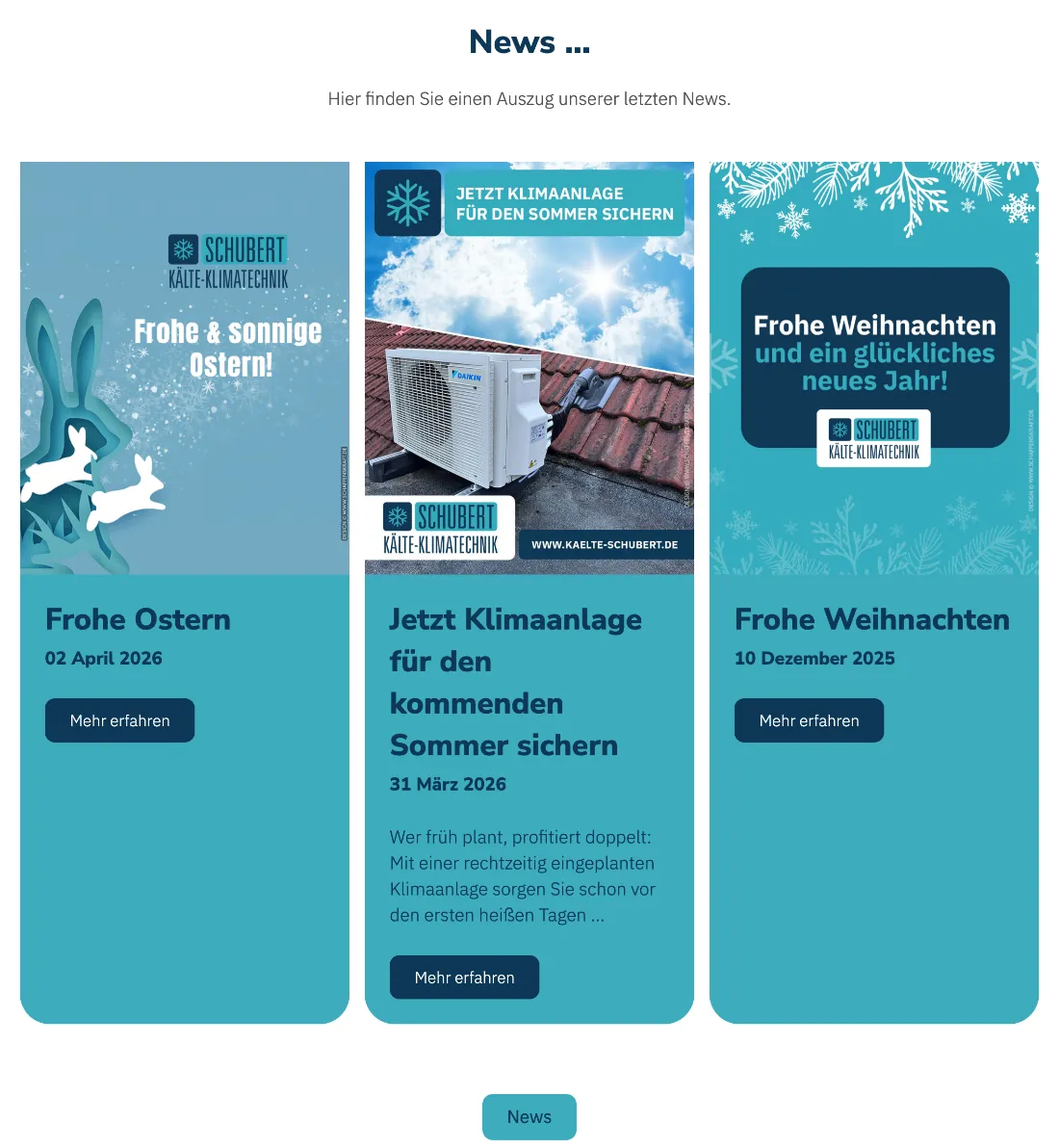 Ausschnitt der Website von Schubert Kälte- und Klimatechnik, Bonn: Drei News-Kacheln mit klaren Daten bis 02.04.2026 — wer Verfügbarkeit prüft, erkennt laufende Aktivität und saisonale Hinweise sofort.