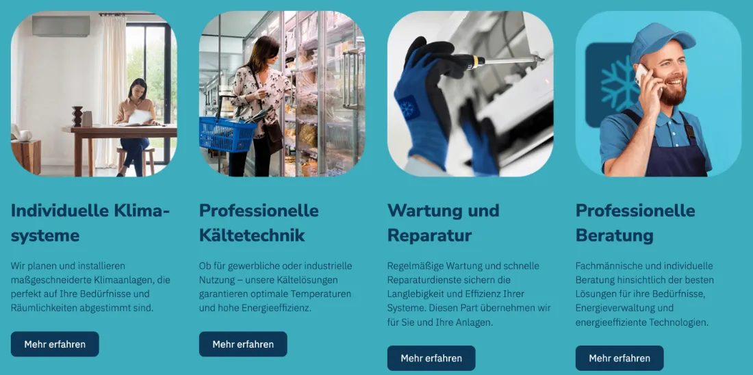 Ausschnitt der Website von Schubert Kälte- und Klimatechnik, Bonn: Vier Leistungs-Kacheln mit präzisen Überschriften und 'Mehr erfahren' — der Besucher findet schnell den passenden Einstieg und Details.