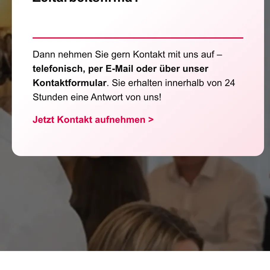 Ausschnitt der Website von KAIZEN Personalagentur GmbH, Hannover: Telefon, E‑Mail oder Formular und die Zusage „Antwort in 24 Stunden“ — wer sucht, kennt nächsten Schritt und Wartezeit.