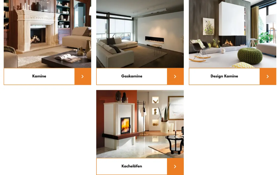Ausschnitt der Website von Frank Geyer, Landkreis Ebersberg: Vier Kacheln ordnen Kamine, Gaskamine, Designkamine und Kachelöfen — wer sucht, findet die passende Kategorie sofort.