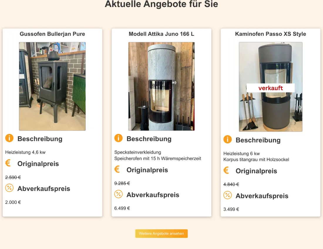 Ausschnitt der Website von Ofen Schlenkrich, Chemnitz: Drei Karten zeigen kW, Original- und Abverkaufspreis (2.590→2.000 €, 9.285→6.499 €, 4.840→3.499 €) — Ersparnis ist sofort klar.