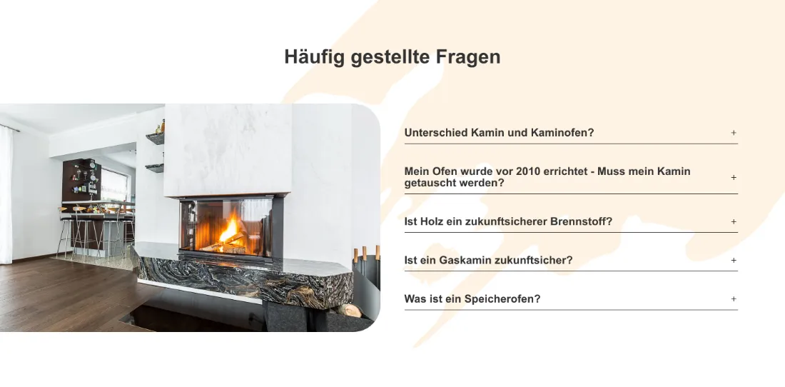 Ausschnitt der Website von Ofen Schlenkrich, Chemnitz: Fünf konkrete Fragen mit Aufklappfunktion — liefert schnelle Antworten zu Technik und Regeln und spart Rückfragen am Telefon.