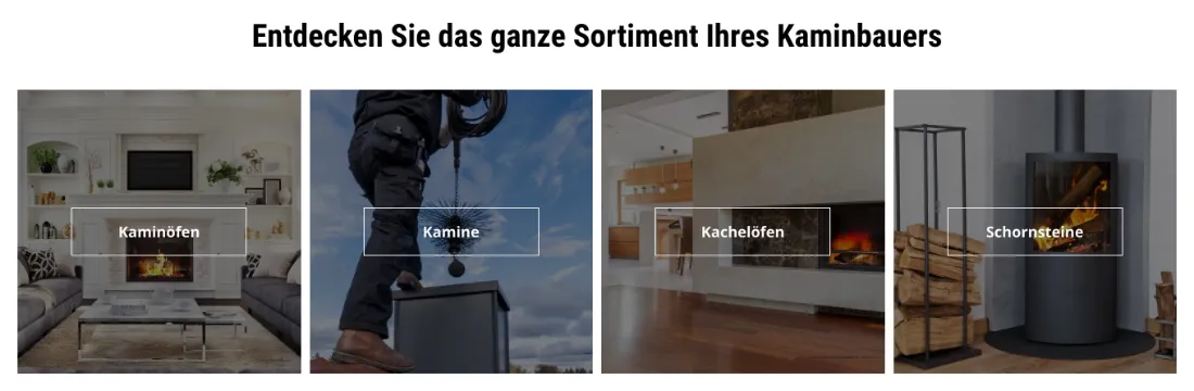 Ausschnitt der Website von Kaminbau Eisbrenner, Berlin: Vier Produktwelten als Bildkacheln — wer keinen Fachbegriff kennt, findet trotzdem den richtigen Ofentyp.