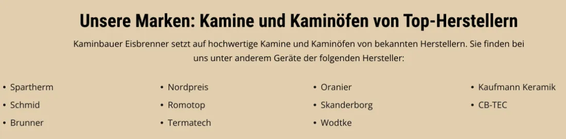 Ausschnitt der Website von Kaminbau Eisbrenner, Berlin: Elf Herstellernamen im Klartext — das beantwortet die Frage nach der Marke, bevor sie gestellt wird.