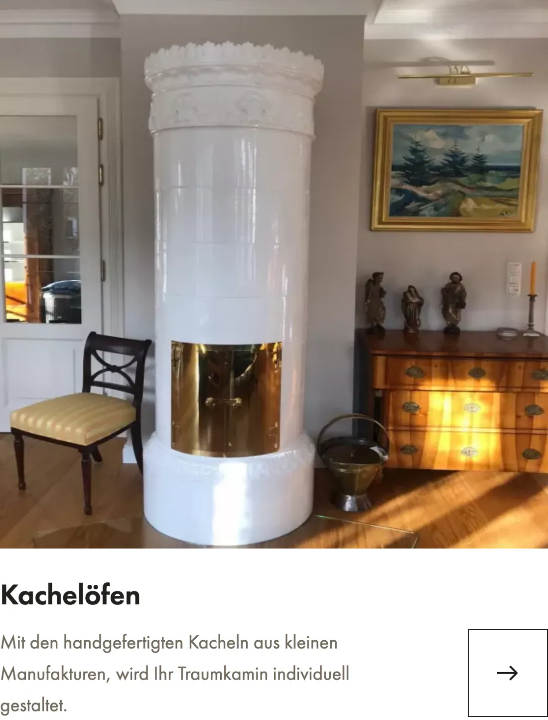 Ausschnitt der Website von Keller’s Kaminhof Havighorst – Kaminbau Hamburg 2026, Hamburg: Eigene Kachelöfen-Kachel mit passendem Foto — wer gezielt sucht, erkennt die Spezialisierung sofort und öffnet den passenden Bereich.