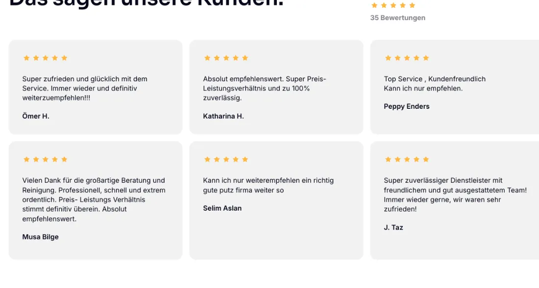 Ausschnitt der Website von KB Cleaning Gebäudedienste GmbH, Dortmund: Sechs Kacheln mit Sternen und Namen plus „35 Bewertungen“ oben rechts — echte Stimmen schaffen Vertrauen und sparen Recherche.