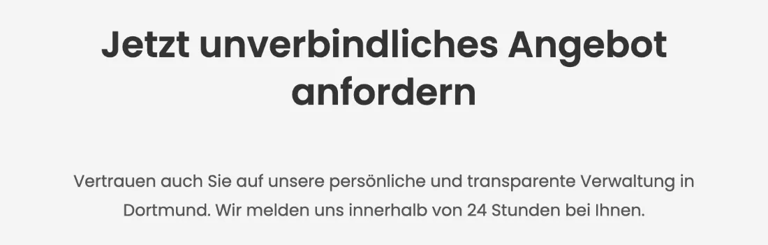 Ausschnitt der Website von K&E Hausverwaltung Dortmund, Dortmund: Konkretes Antwortversprechen: Rückmeldung binnen 24 Stunden — so weiß, wer anfragt, wann mit Feedback zu rechnen ist.