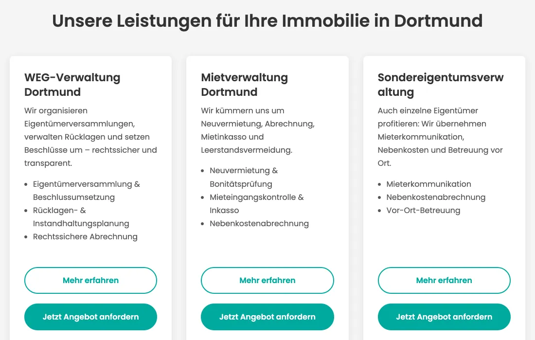 Ausschnitt der Website von K&E Hausverwaltung Dortmund, Dortmund: Drei Spalten mit je Titel, Stichpunkten und zwei Buttons — so vergleicht der Besucher Leistungen schnell und wählt den nächsten Schritt.