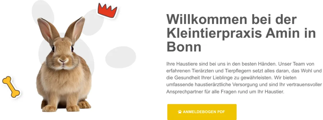 Ausschnitt der Website von Kleintierpraxis Amin GmbH, Bonn: Praxisname und Standort stehen groß, daneben führt ein gelber PDF‑Button zum Anmeldebogen — wer neu ist, startet in 1 Klick.