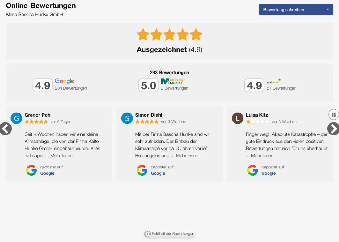 Ausschnitt der Website von Klima Sascha Hunke GmbH, Rhein-Sieg-Kreis: Noten 4,9/5,0/4,9 aus 233 Stimmen und drei Quellen — wer sucht, erkennt auf einen Blick Schnitt und Herkunft der Bewertungen.