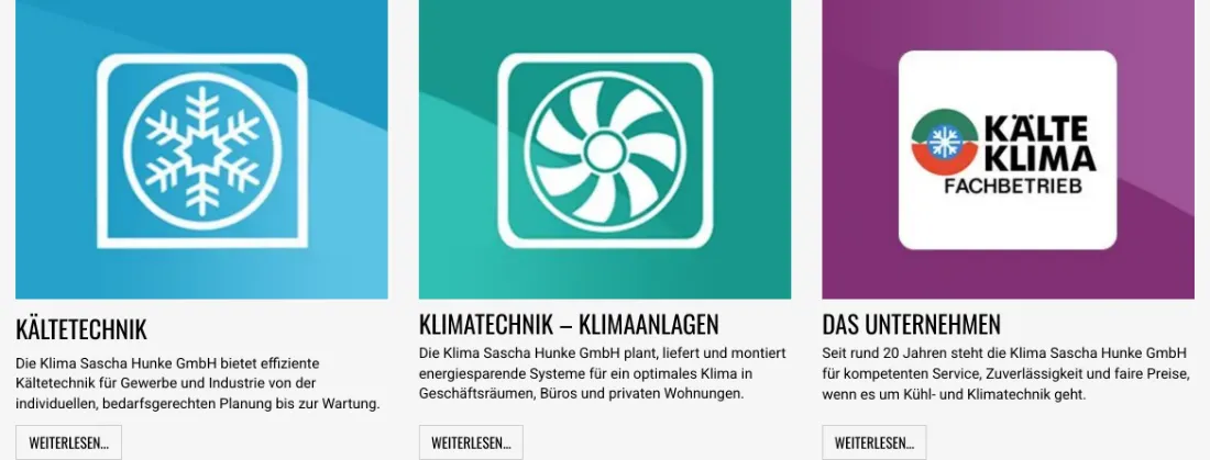 Ausschnitt der Website von Klima Sascha Hunke GmbH, Rhein-Sieg-Kreis: Drei Kacheln mit Kurztext und 'Weiterlesen' — wer sucht, versteht das Angebot schnell und klickt direkt zur Detailseite.