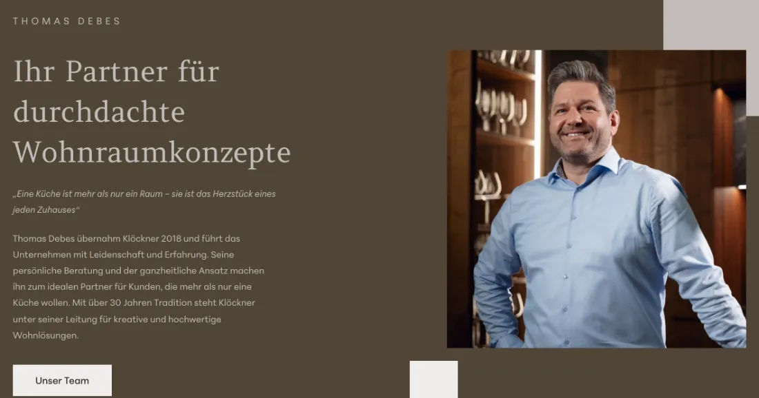 Ausschnitt der Website von Klöckner Küchen I TD Küchen und Wohnen GmbH, Main-Kinzig-Kreis: Ansprechpartner mit Übernahmejahr 2018 und 30 Jahren Historie wird klar benannt — wer sucht, erkennt Verantwortung und Verlässlichkeit.
