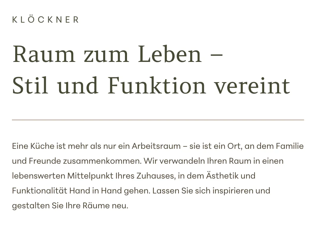 Ausschnitt der Website von Klöckner Küchen I TD Küchen und Wohnen GmbH, Main-Kinzig-Kreis: Große, ruhige Überschrift formuliert das Leistungsversprechen in wenigen Worten — wer sucht, versteht Zweck und Haltung sofort.