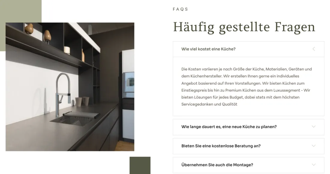 Ausschnitt der Website von Klöckner Küchen I TD Küchen und Wohnen GmbH, Main-Kinzig-Kreis: FAQ klärt die Preisfrage zuerst und liefert Rahmen statt Pauschalen — der Besucher spart Zeit und fragt gezielter an.