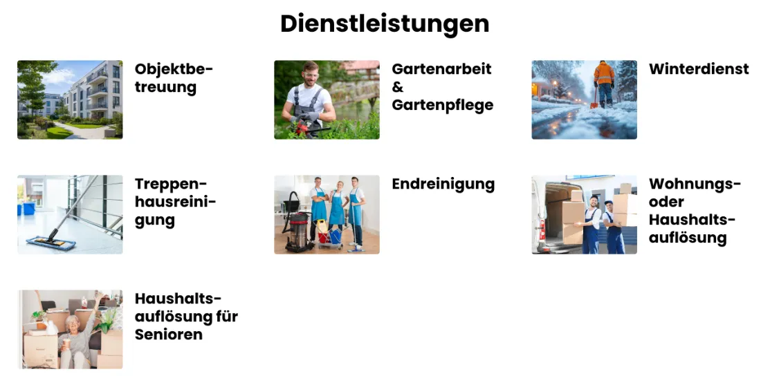 Ausschnitt der Website von Knop & Sohn, Hamburg: Sieben Leistungen nebeneinander, jeweils mit Bild und Titel — wer sucht, erkennt sofort, ob das Gewünschte dabei ist.