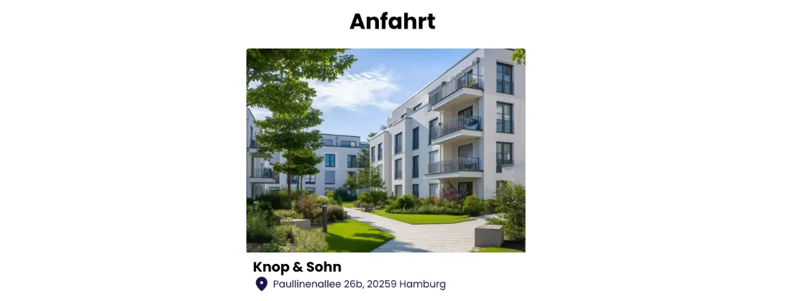 Ausschnitt der Website von Knop & Sohn, Hamburg: Überschrift „Anfahrt“ mit vollständiger Adresse (Paullinenallee 26b, 20259 Hamburg) — die Navi-Eingabe klappt ohne Suchen.