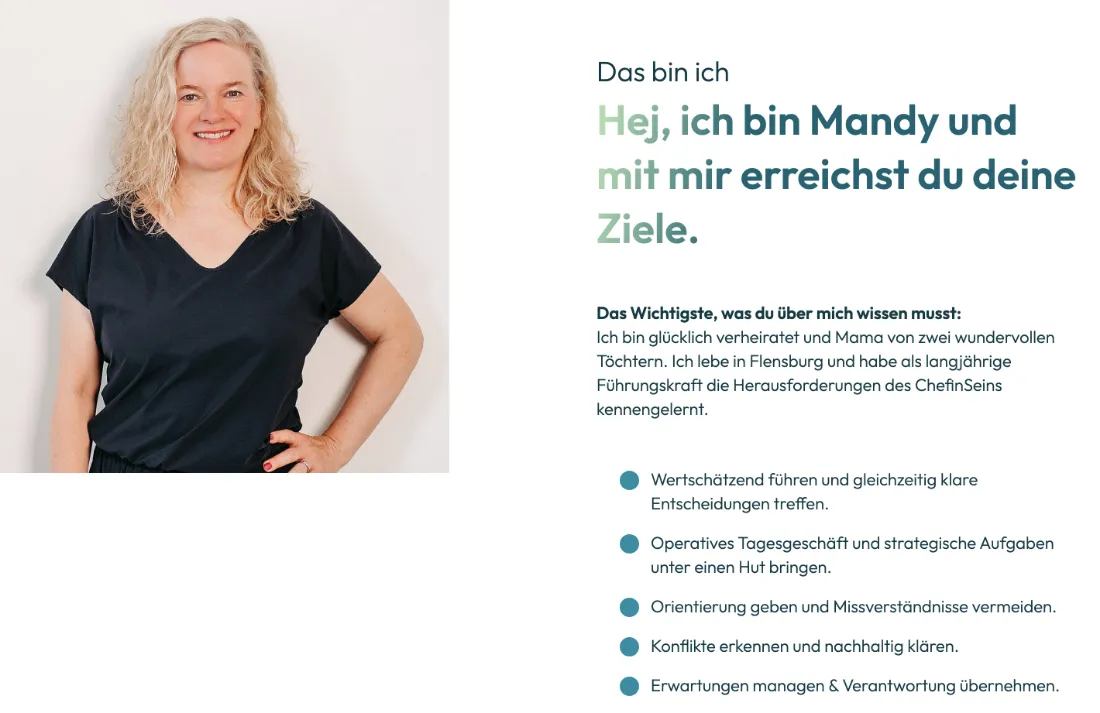 Ausschnitt der Website von Kontextwandel Businesscoaching, Flensburg: Fünf prägnante Stichpunkte gleich unter der Vorstellung — wer ähnliche Führungsfragen hat, erkennt sofort die Passung.