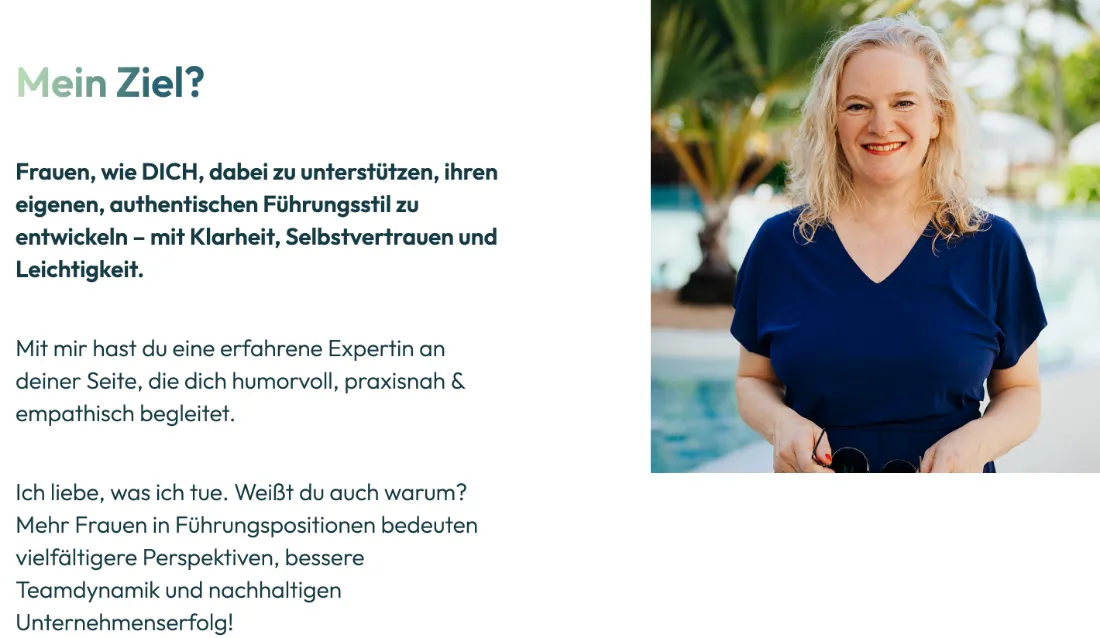 Ausschnitt der Website von Kontextwandel Businesscoaching, Flensburg: Zielgruppe „Frauen in Führung“ wird klar benannt und mit drei Nutzenworten belegt — wer passt, findet sich ohne Umwege wieder.