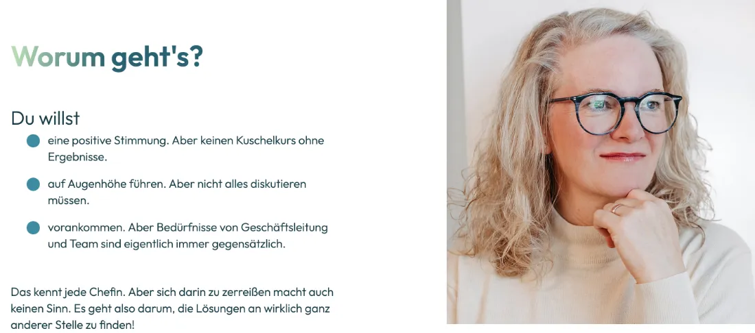 Ausschnitt der Website von Kontextwandel Businesscoaching, Flensburg: Drei konkrete Spannungsfelder in Stichpunkten — der Besucher prüft in Sekunden, ob die eigenen Themen getroffen werden.