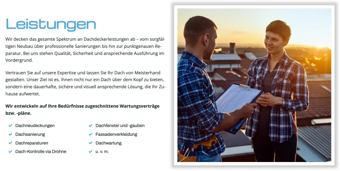 Ausschnitt der Website von Thomas Koolen Bedachungen, Aachen: Acht Stichpunkte mit klaren Begriffen und gleicher Struktur — der Besucher sieht sofort das Spektrum, ohne Textblöcke zu lesen.