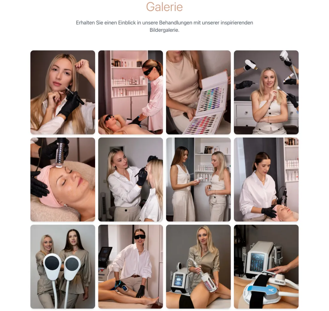 Ausschnitt der Website von Kosmetik Studio EXCELLENT, Köln: Zwölf Bilder zeigen echte Behandlungen und Geräte in Aktion — wer sucht, erkennt auf einen Blick Angebot und eingesetzte Technik.