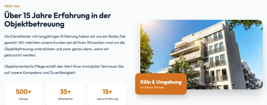 Ausschnitt der Website von KRÖLL Hausmeisterservice, Köln: Drei Kennzahlen — 500+ Häuser, 35+ Mitarbeiter, 15+ Jahre — zeigen Größe und Erfahrung, der Besucher muss nichts raten.