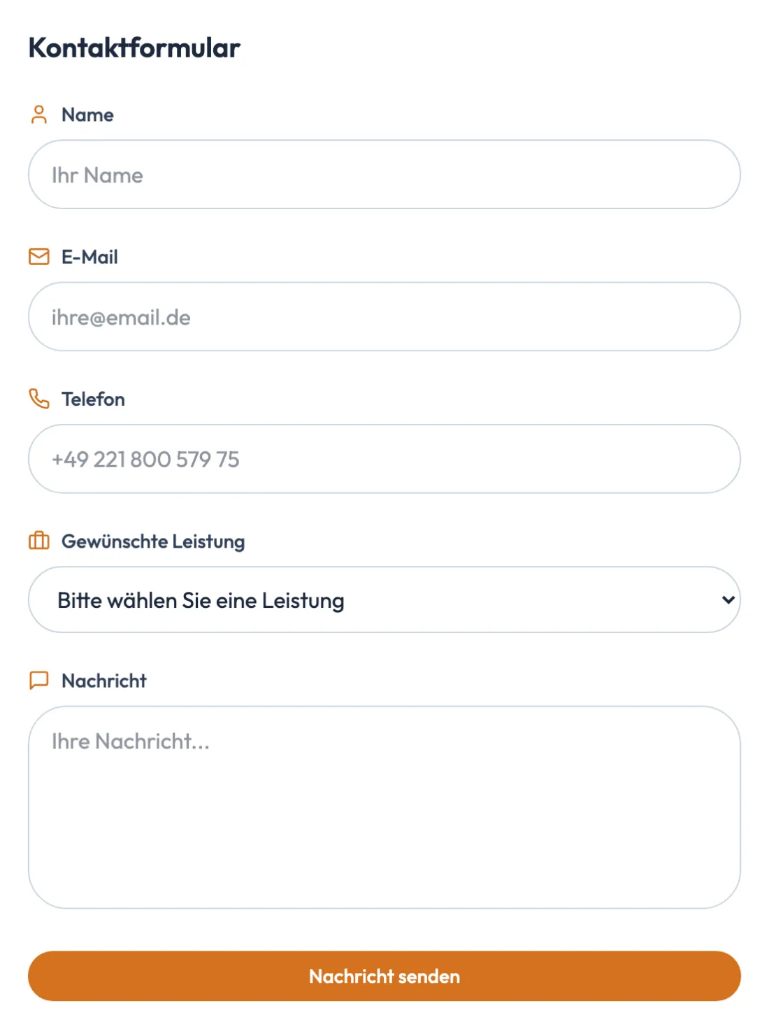 Ausschnitt der Website von KRÖLL Hausmeisterservice, Köln: Schlankes Formular mit fünf Feldern und Leistungs-Auswahl — eine Anfrage geht schnell raus, ohne unnötige Pflichtangaben.