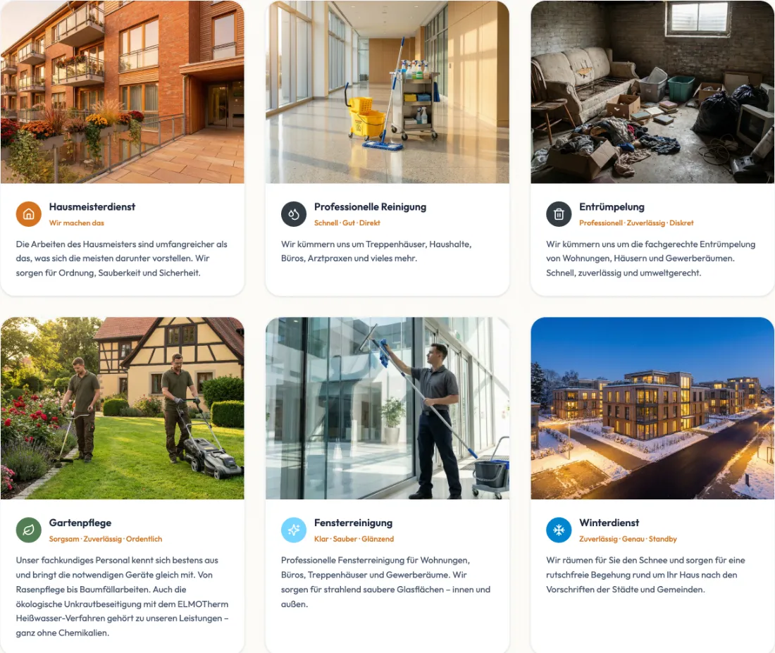 Ausschnitt der Website von KRÖLL Hausmeisterservice, Köln: Sechs Kacheln mit Kurztexten und Icons — das gesamte Angebot ist auf einen Blick erfassbar, ohne Menüs zu öffnen.
