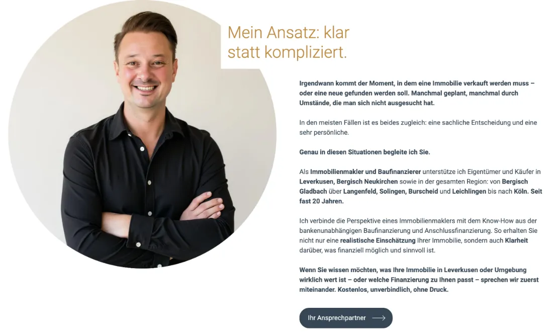 Ausschnitt der Website von Krüger ImmoFinanz, Leverkusen: Konkrete Reichweite mit acht Orten und 'seit 20 Jahren' genannt — wer sucht, kann sofort prüfen, ob Angebot und Gebiet passen.