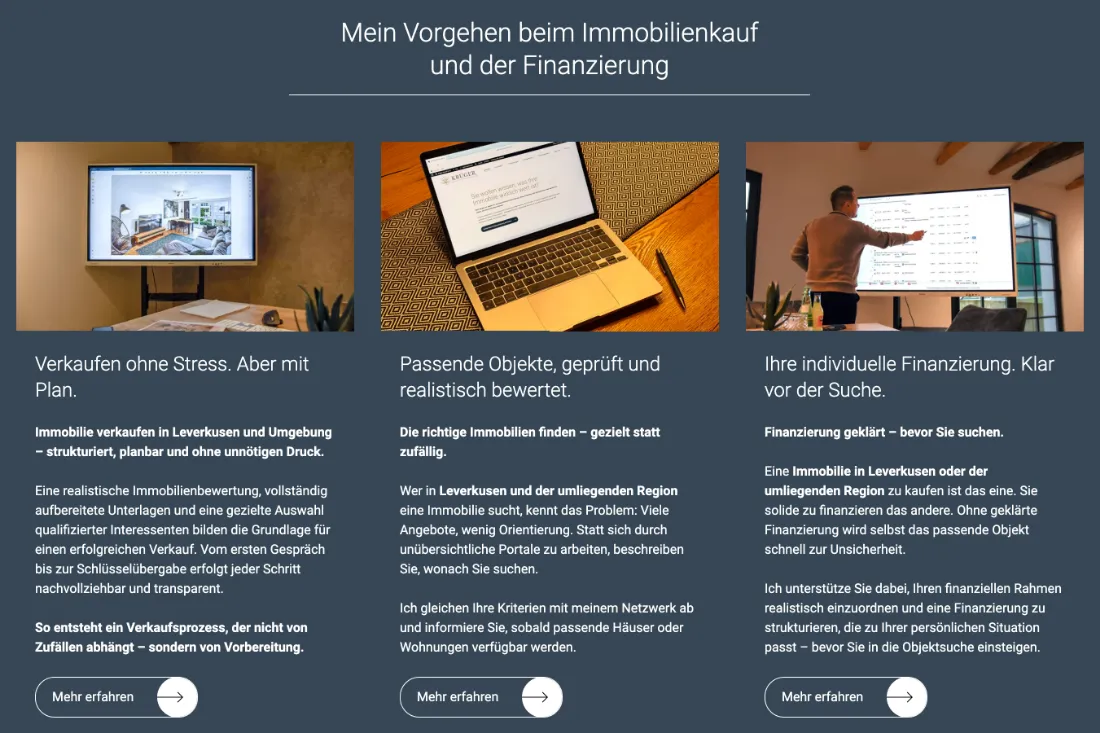 Ausschnitt der Website von Krüger ImmoFinanz, Leverkusen: Die drei Kacheln strukturieren Verkauf, Suche und Finanzierung — wer einsteigt, wählt gezielt sein Thema statt sich durch Texte zu wühlen.