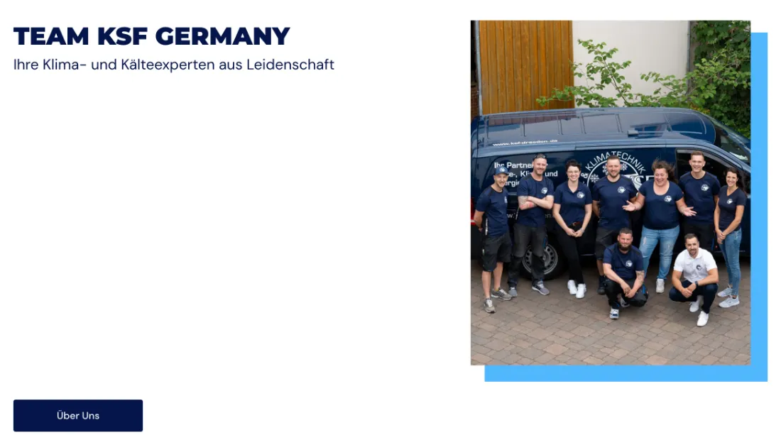 Ausschnitt der Website von Kältesysteme Fischer GmbH, Dresden: Teamfoto vor beschriftetem Servicebus — wer sucht, erkennt echte Ansprechpartner und gelangt per 'Über Uns' direkt zu Details.