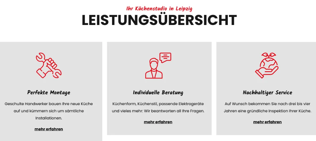 Ausschnitt der Website von Udo Krüger Küche direct Leipzig, Leipzig: 3 Kacheln mit klaren Titeln und Teasern plus mehr erfahren — der Besucher erfasst die Leistungen schnell und klickt gezielt weiter.