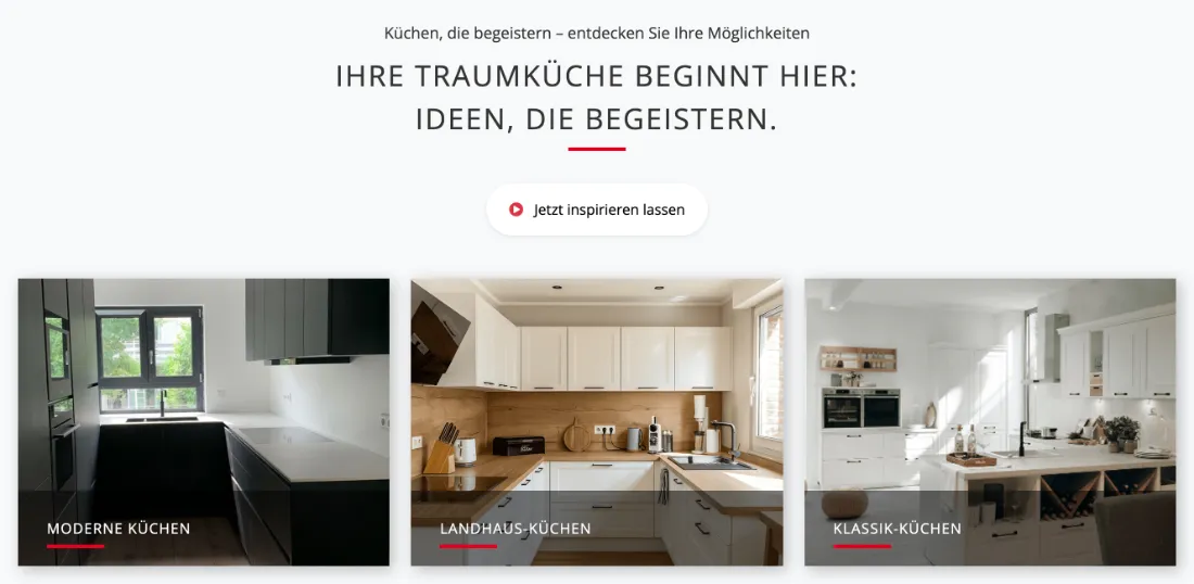 Ausschnitt der Website von Küchenmakler Tochtenhagen, Rhein-Erft-Kreis: 3 Bildkacheln zu Stilwelten mit klaren Labels — wer sucht, findet schneller den passenden Einstieg in Beispiele.
