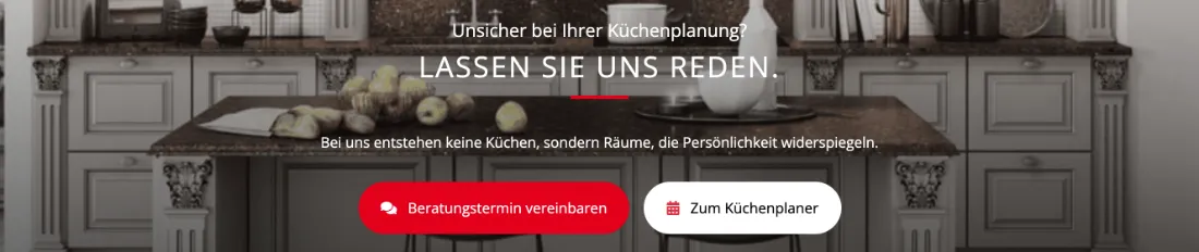 Ausschnitt der Website von Küchenmakler Tochtenhagen, Rhein-Erft-Kreis: Zwei klare Wege mit Icons — wer starten will, wählt sofort zwischen Beratungstermin und Küchenplaner statt zu suchen.
