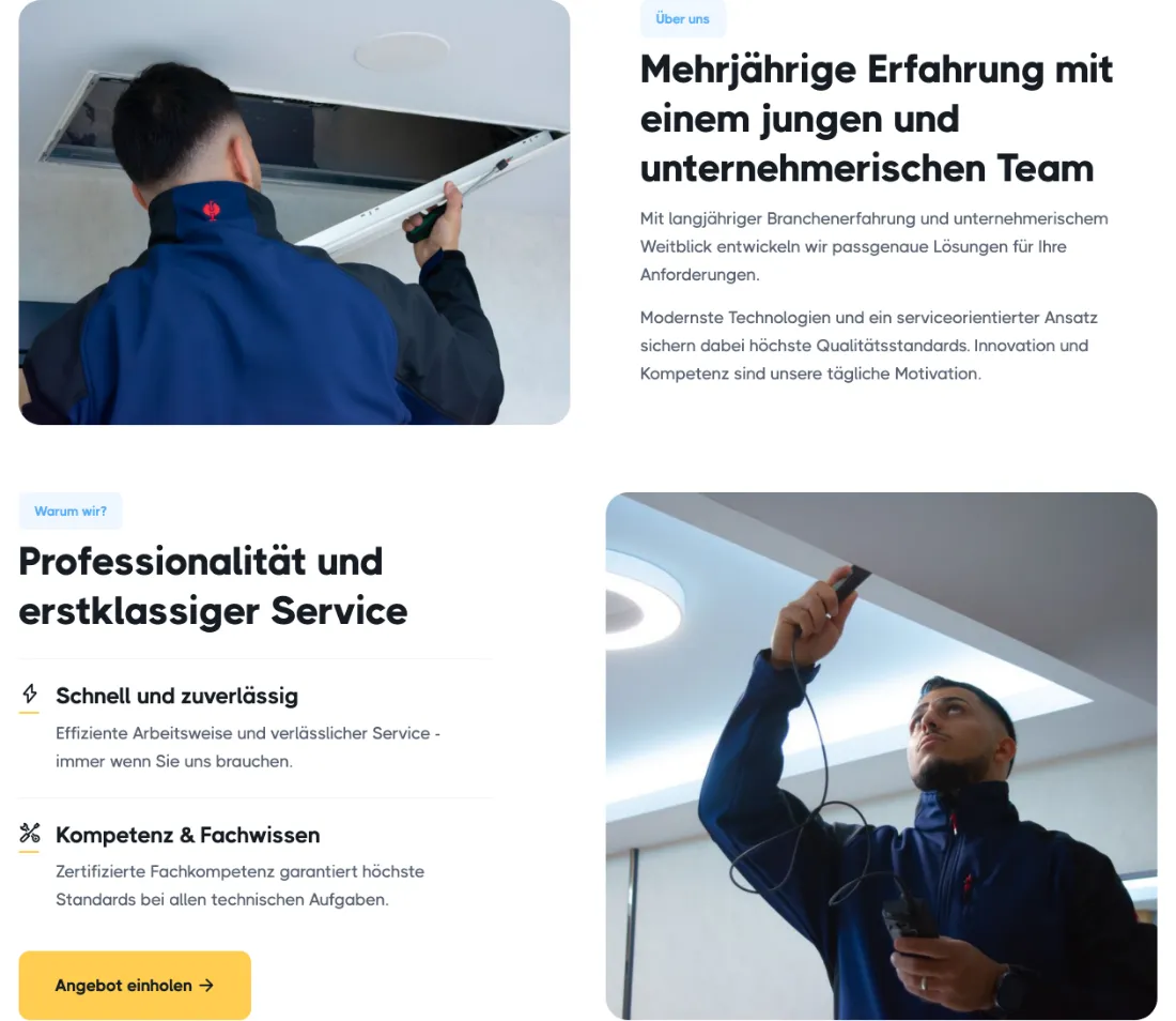 Ausschnitt der Website von KWM Technik GmbH & Co. KG, Mainz: Überschrift, kurze Absätze und 2 Stichpunkte strukturieren die Infos — der Besucher erkennt in Sekunden, was geboten wird.