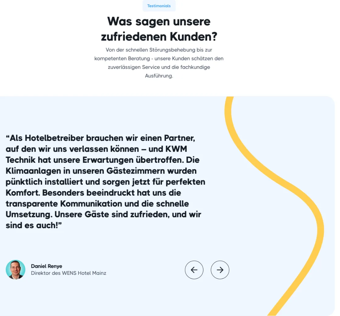 Ausschnitt der Website von KWM Technik GmbH & Co. KG, Mainz: Ausführliches Kundenzitat mit Branche und Ergebnis, dazu 2 Navigationspfeile — wer prüft, findet greifbare Erfahrungen.