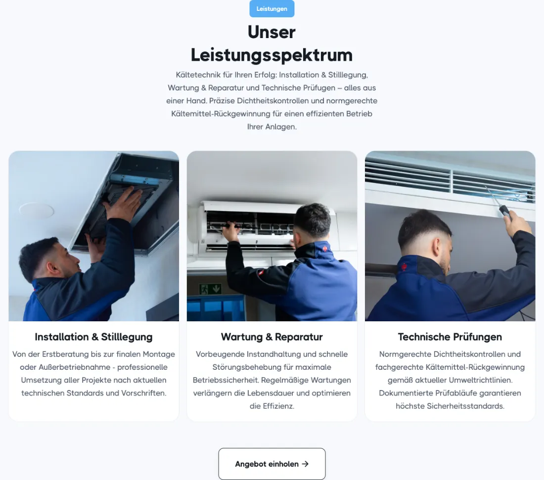 Ausschnitt der Website von KWM Technik GmbH & Co. KG, Mainz: Drei klar benannte Bereiche mit Text erklären Installation, Wartung und Prüfung — der Besucher muss nichts erraten.