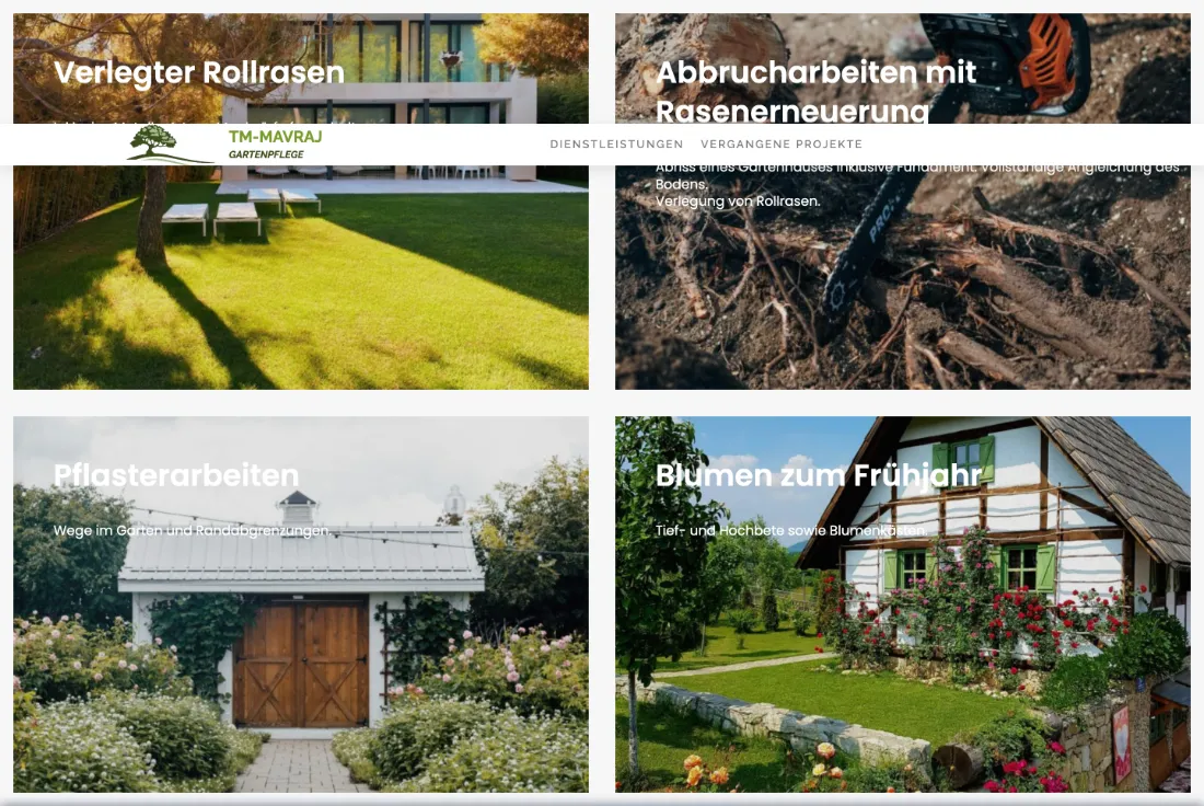 Ausschnitt der Website von Mavraj Perparim, Bremen: Vier Kacheln mit klaren Titeln auf Fotos — wer sucht, erfasst das Leistungsspektrum in Sekunden und klickt gezielt weiter.