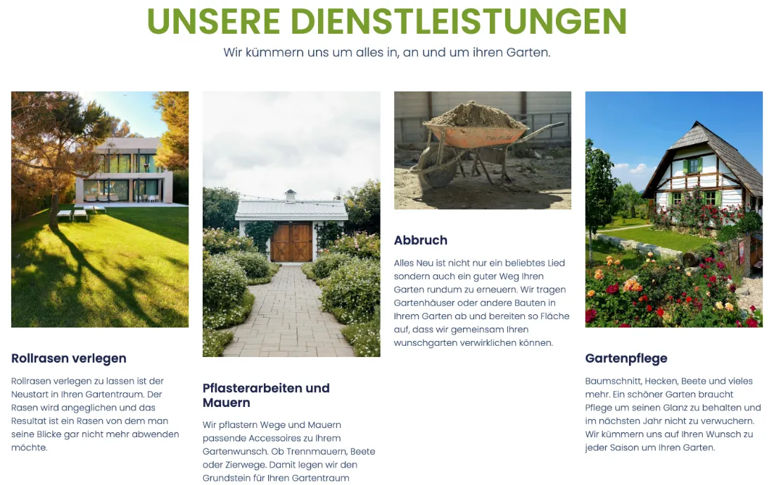 Ausschnitt der Website von Mavraj Perparim, Bremen: Vier Leistungen mit Bild und kompaktem Text — der Besucher muss nichts erraten und versteht Umfang und Beispiele sofort.